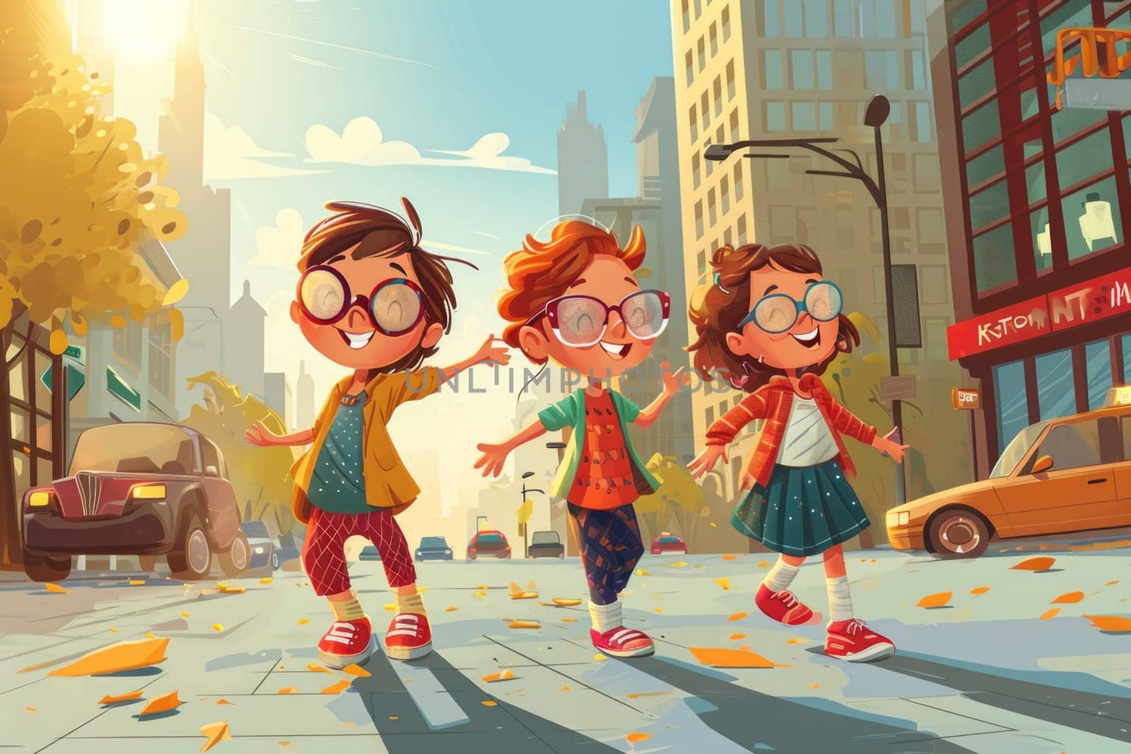 Three friends in bright clothes are having fun on the summer holidays on the street. Cartoon by Lobachad