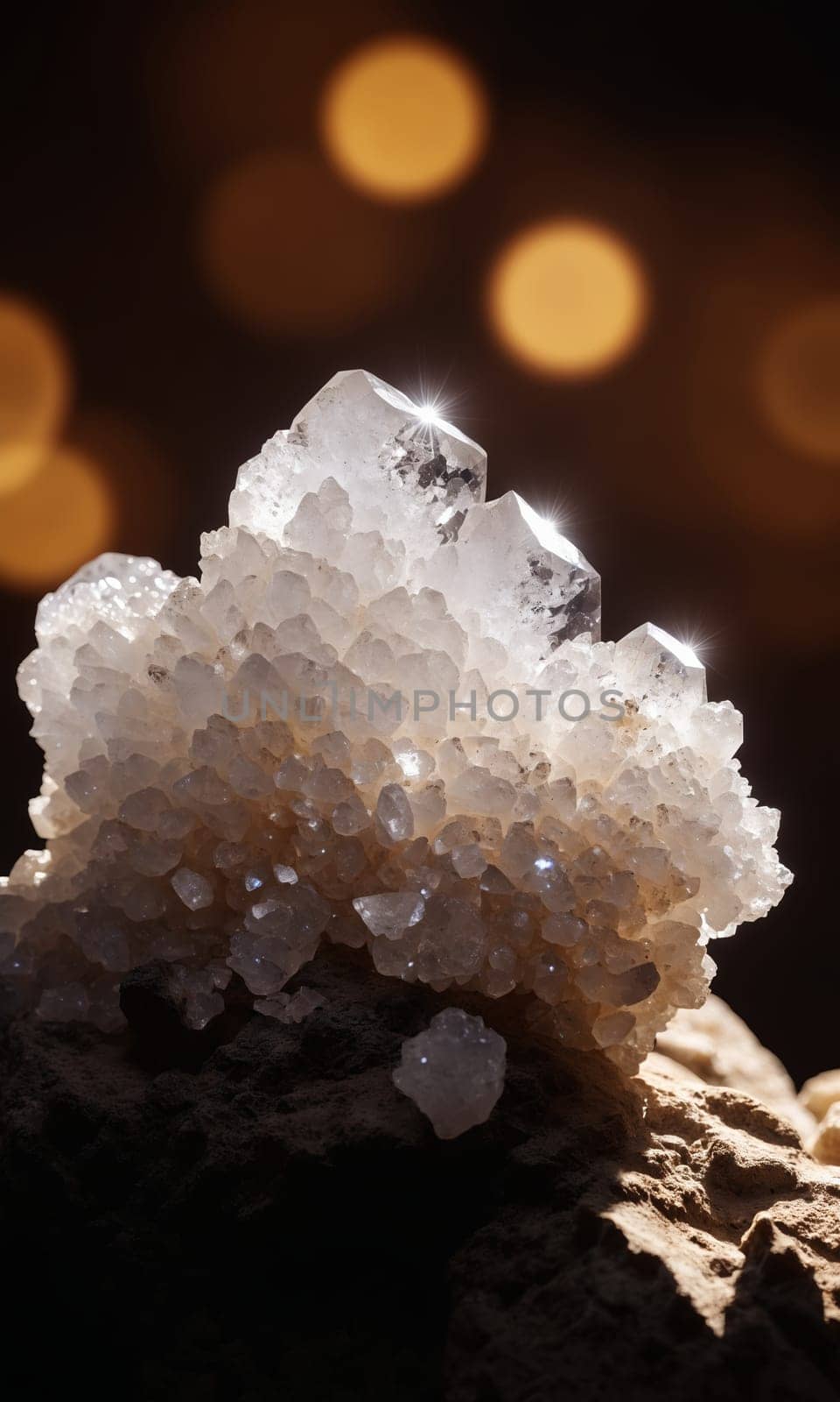 Macro image of crystal quartz on black background with bokeh.