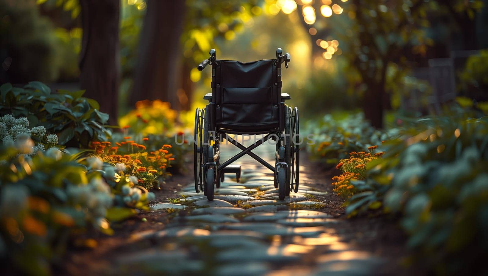 A wheelchair sits on a stone path in the natural landscape of the woods, surrounded by grass and deciduous trees. The scene resembles an art painting with tints and shades of green