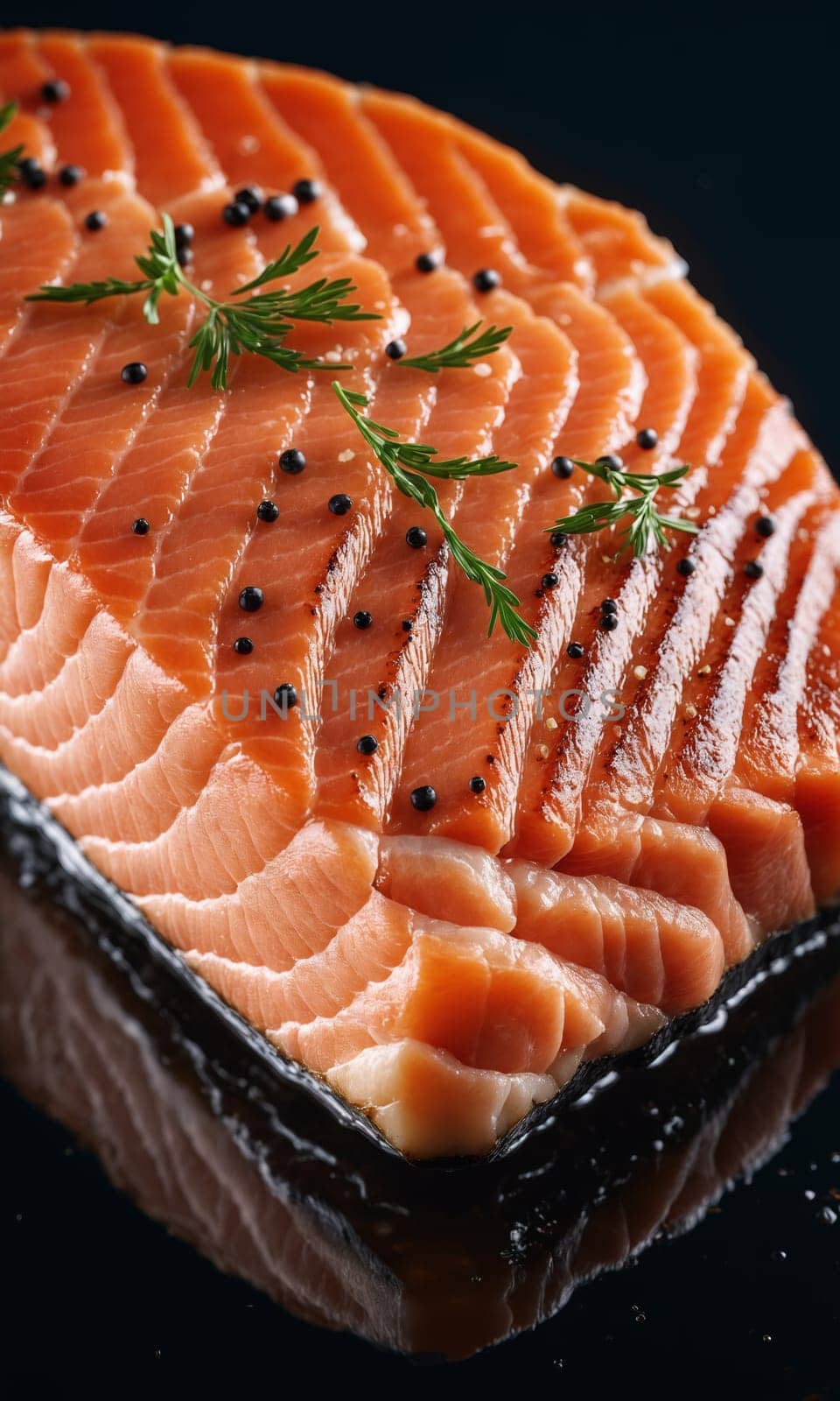 Fresh salmon fillet with dill and black pepper on black background by Andre1ns