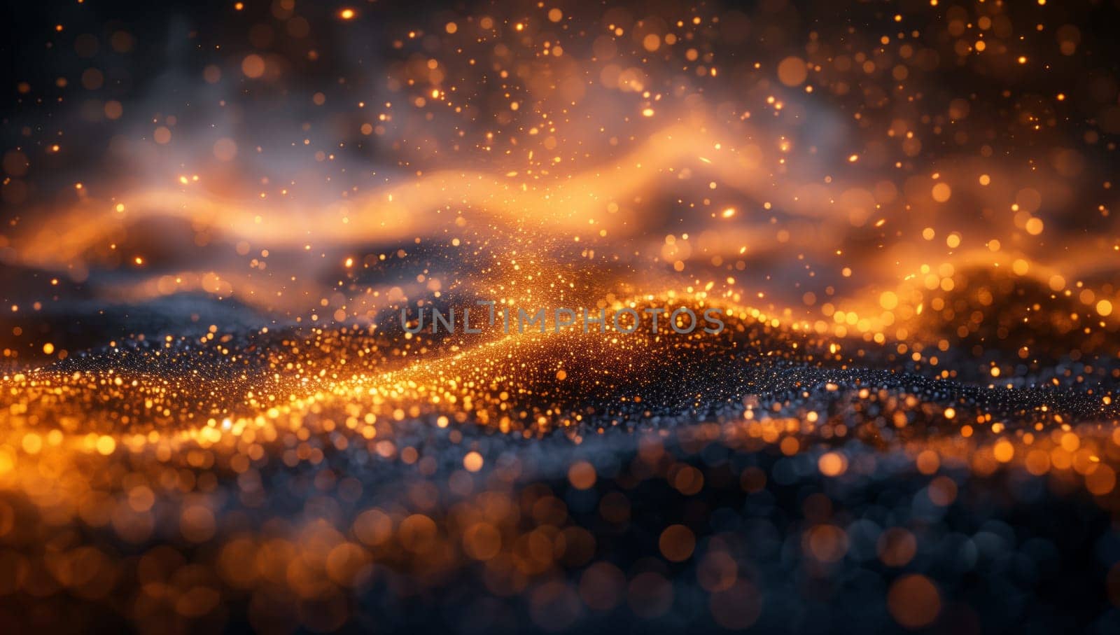 A blurred image capturing the fiery glow of sparks from a fire against a dark midnight sky, creating a mystical atmospheric phenomenon in the natural landscape