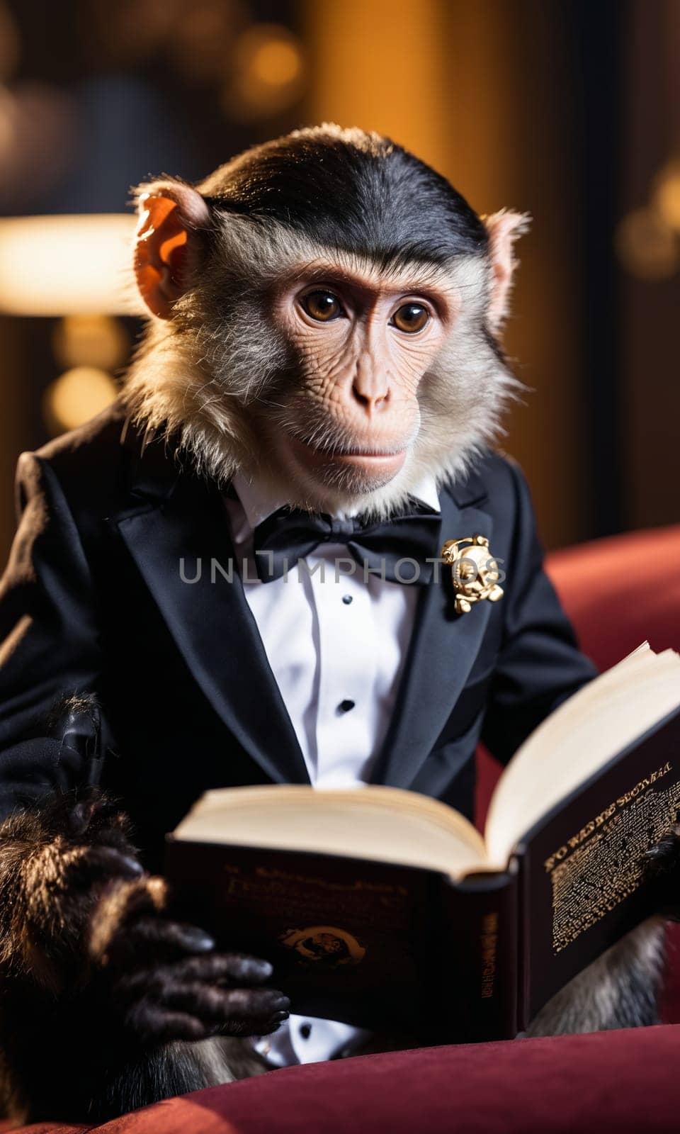 Monkey in a black suit and bow-tie reading a book.