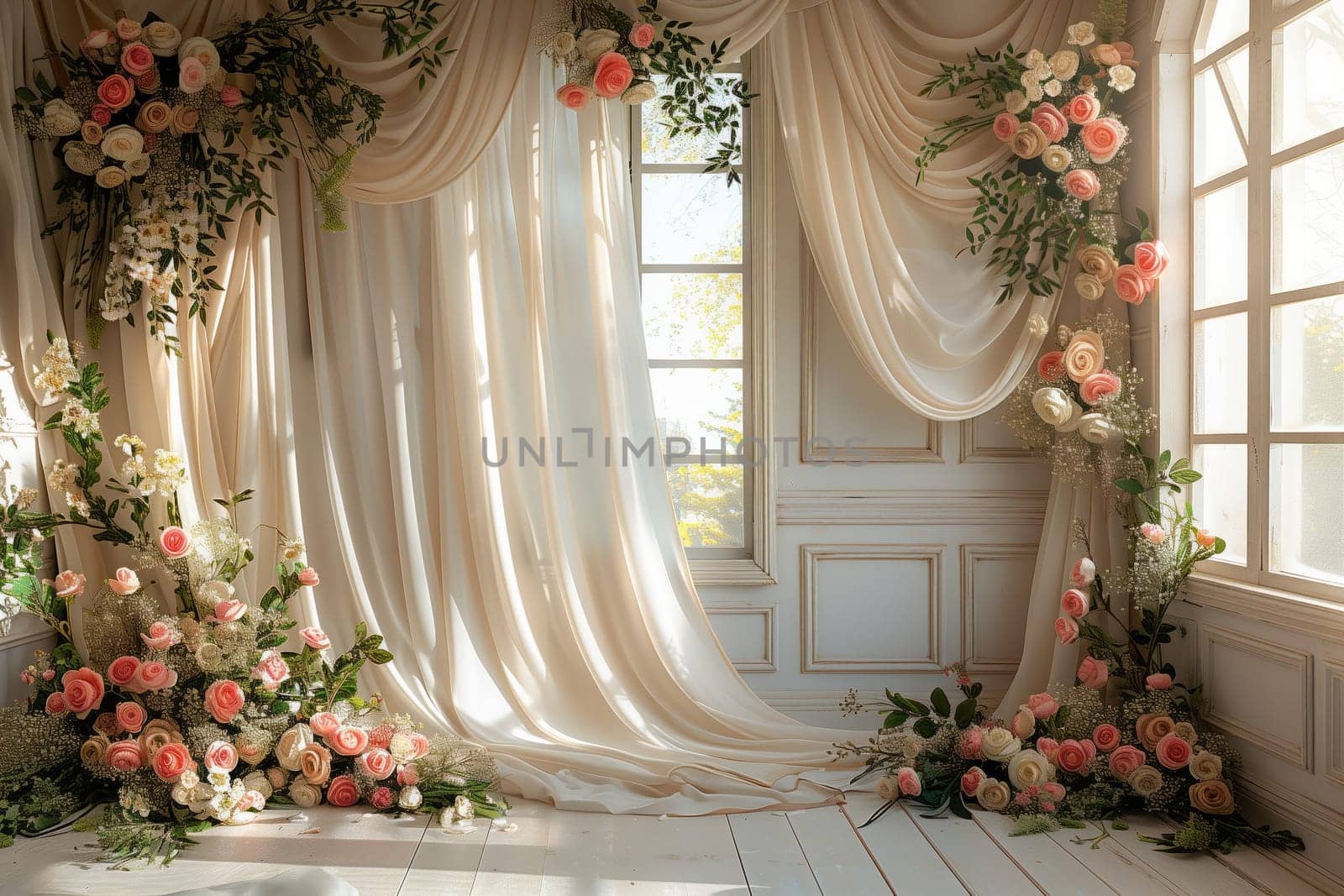 The interior design of the room includes plants, flowers, and curtains in front of a window, enhancing the property with a natural touch