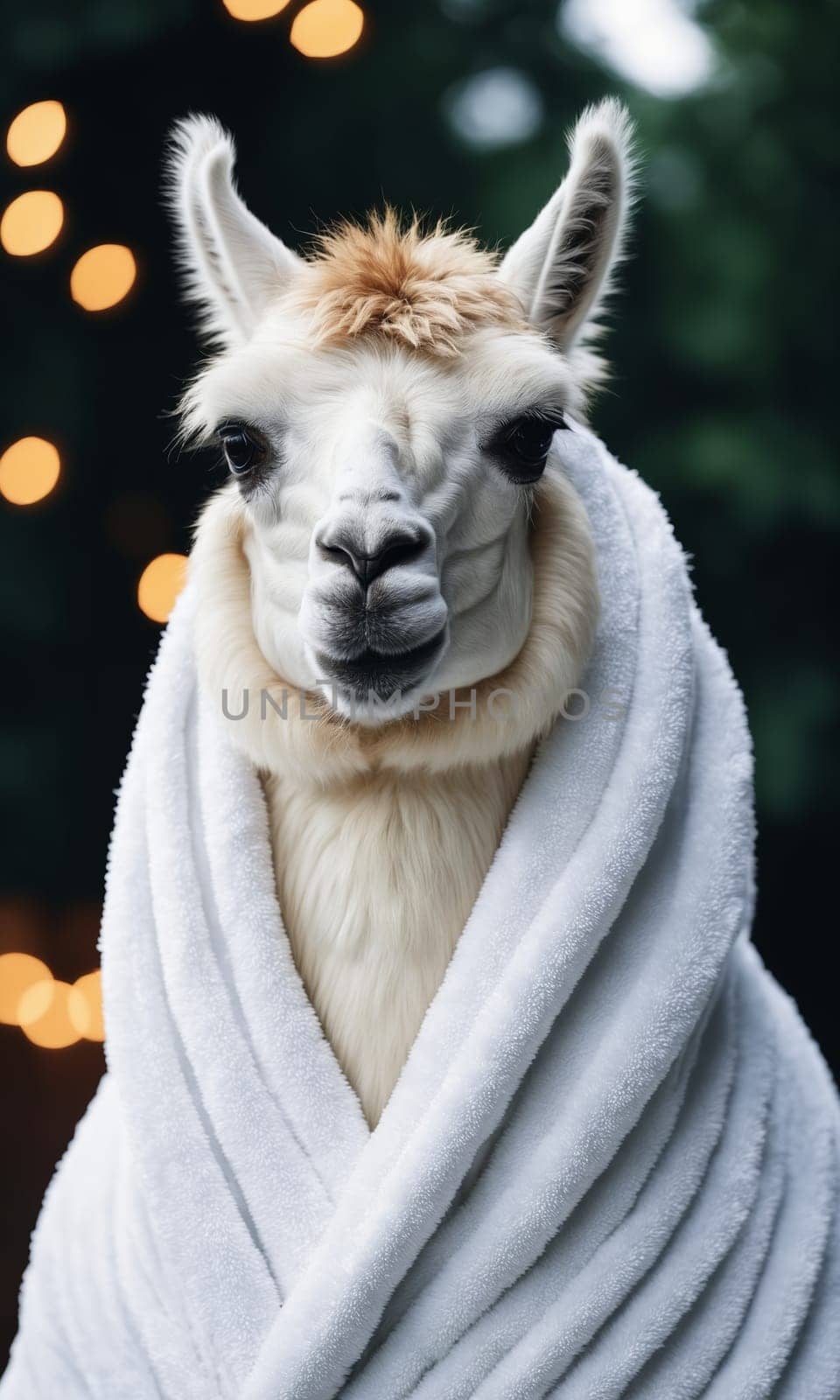 Portrait of a white alpaca wearing a white bathrobe in the mountains.