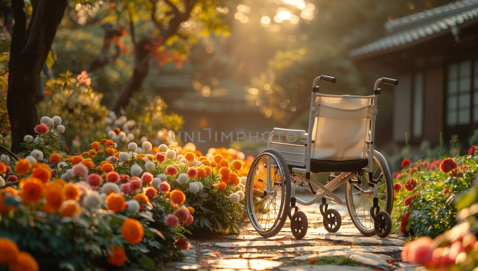 A wheelchair is parked amidst a colorful array of flowers in a garden, creating a beautiful and serene scene in nature