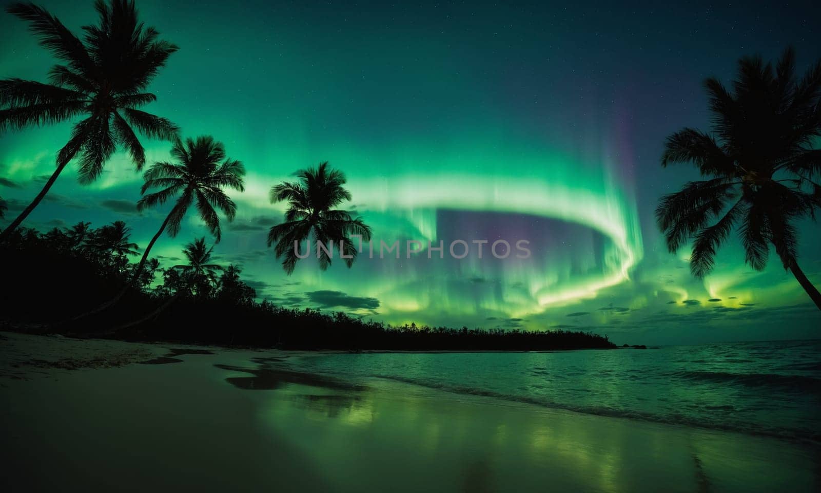 Northern lights in the night sky over a beach with palm trees.