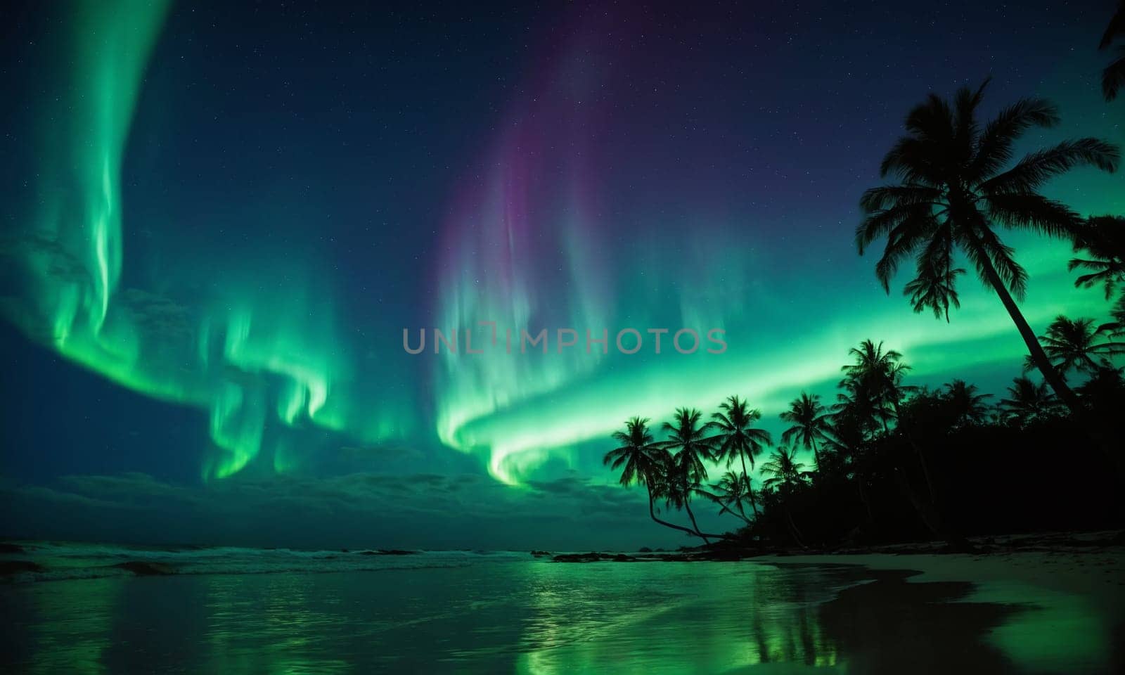 Northern lights in the night sky over a beach with palm trees.