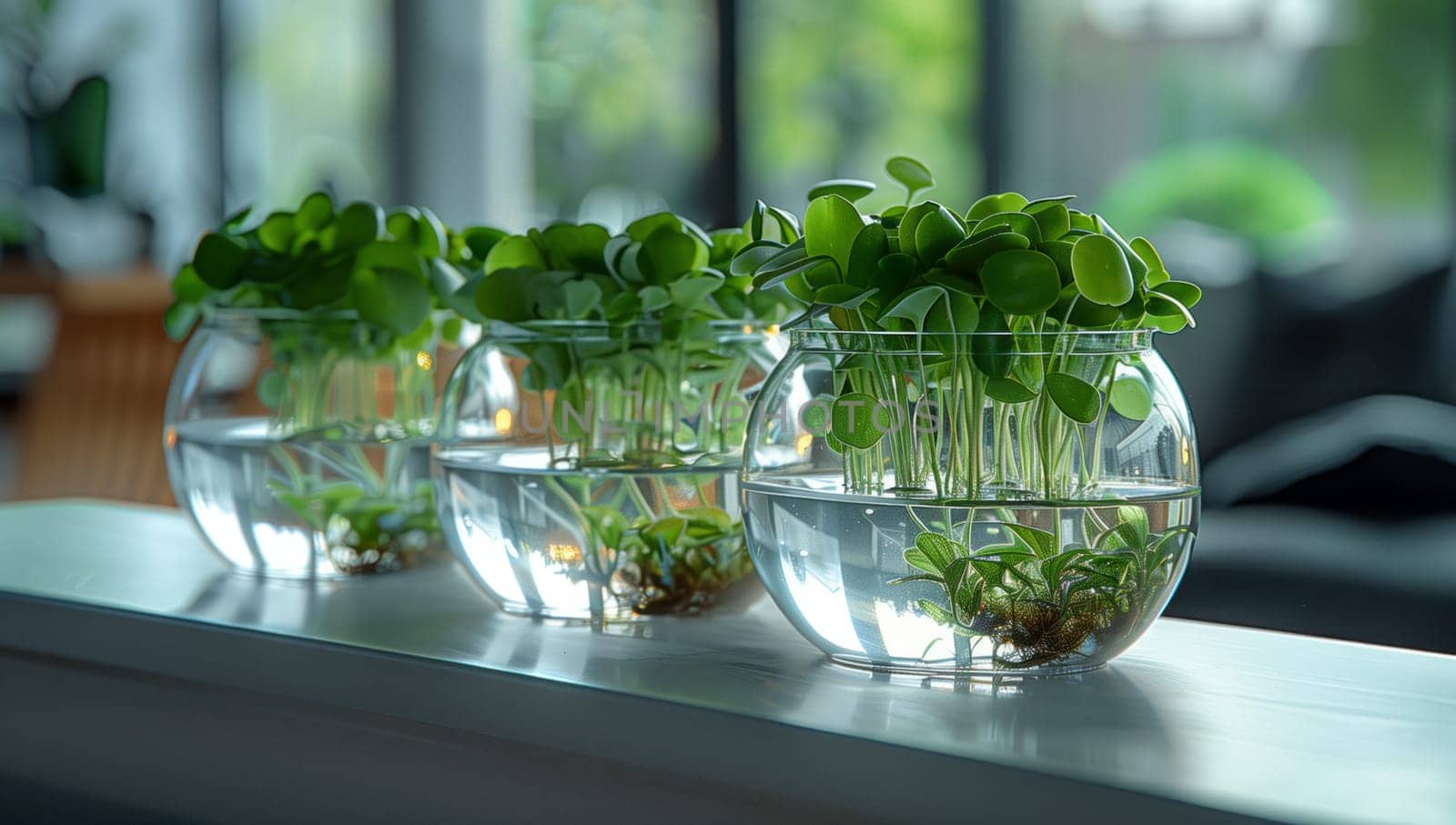 A collection of glass vases filled with water and terrestrial plants displayed on a rectangular table, creating a peaceful indoor garden