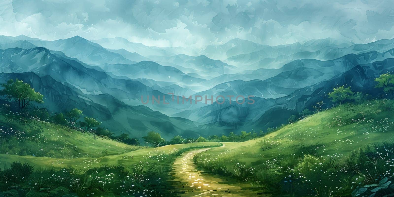 A picturesque natural landscape painting featuring a winding path through a lush green valley with majestic mountains in the background under a clear blue sky filled with white clouds