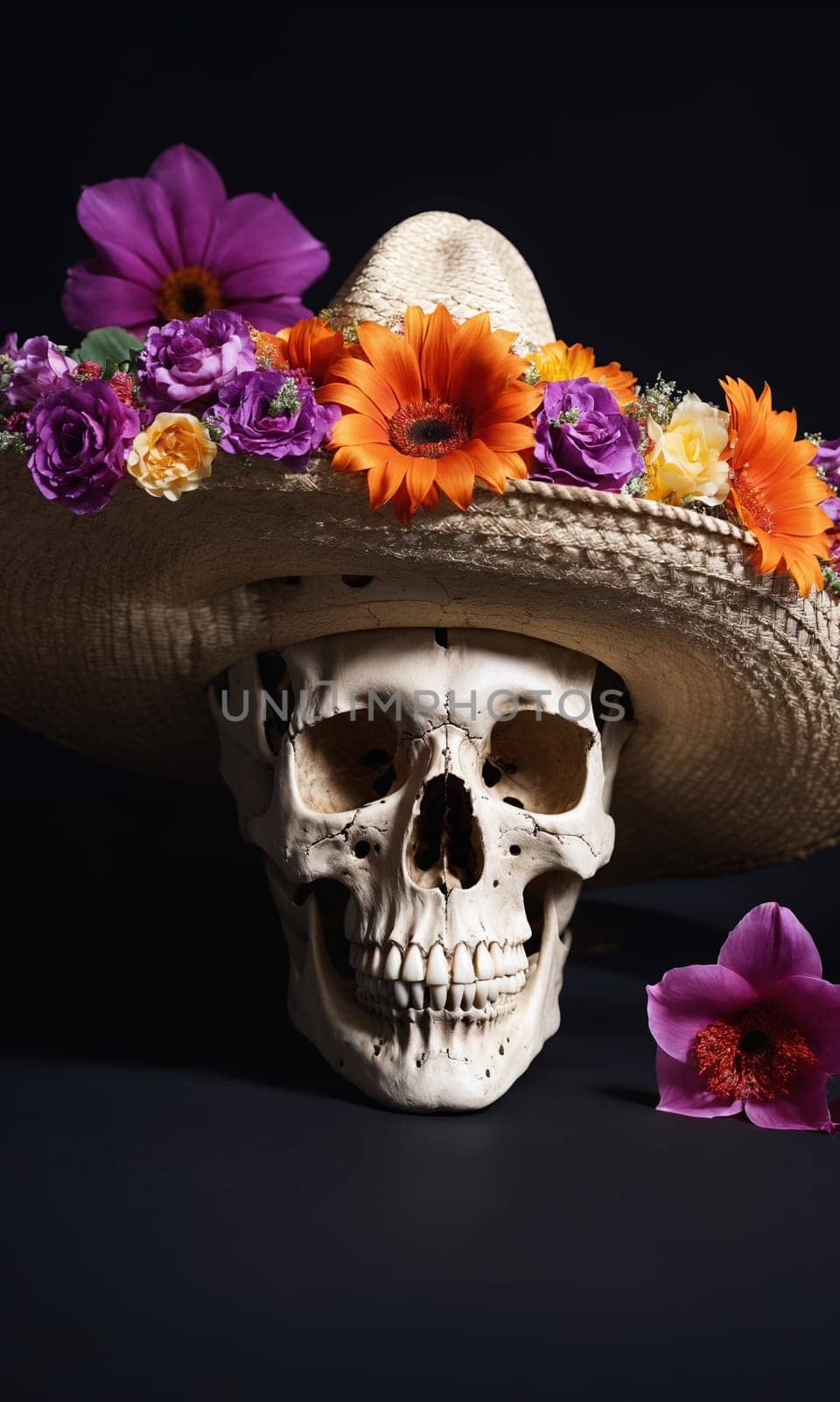 Skull with flowers and sombrero on a black background. by Andre1ns