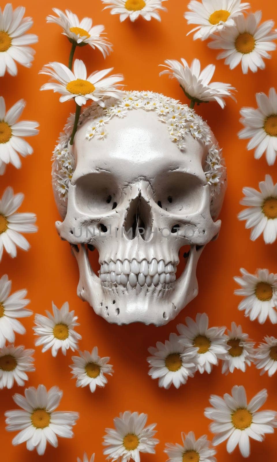 Skull and daisies on orange background. Halloween concept