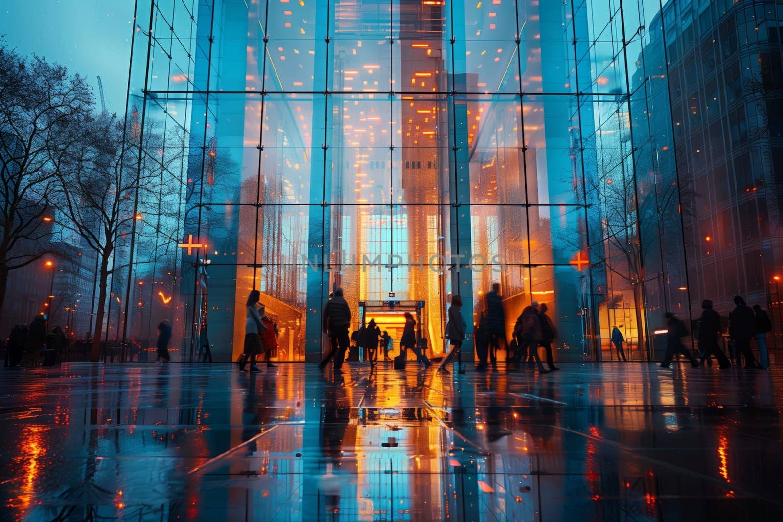 A group of people are strolling in front of a stunning glass building in the city. The facade reflects an electric blue sky, creating a mesmerizing symmetry of art and architecture
