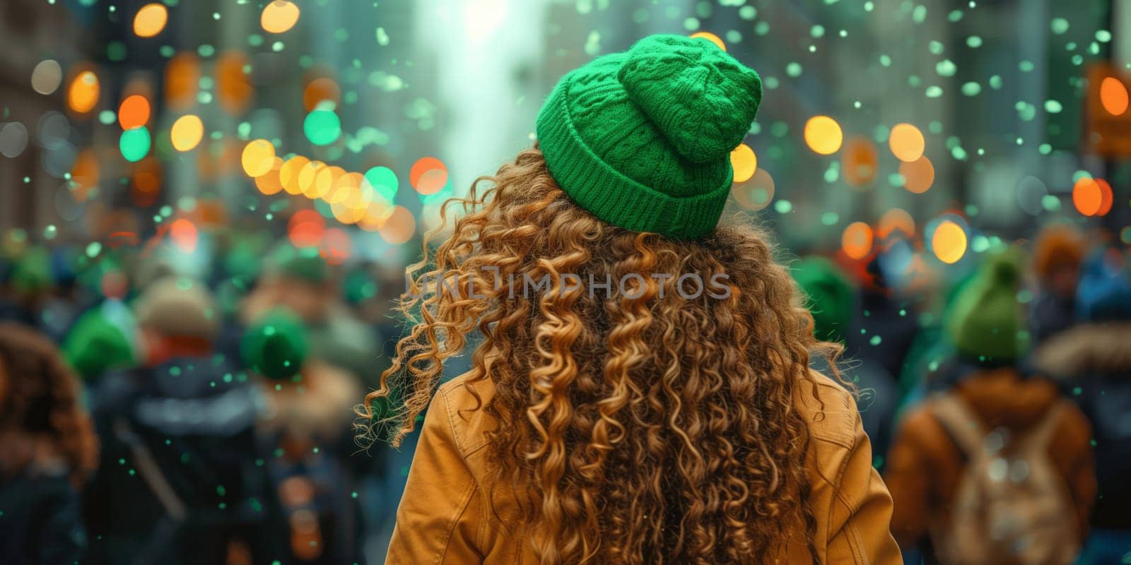 An organism with curly hair adorned with a green cap is strolling along a bustling city street, adding fun and entertainment to the crowd with her unique fashion accessory