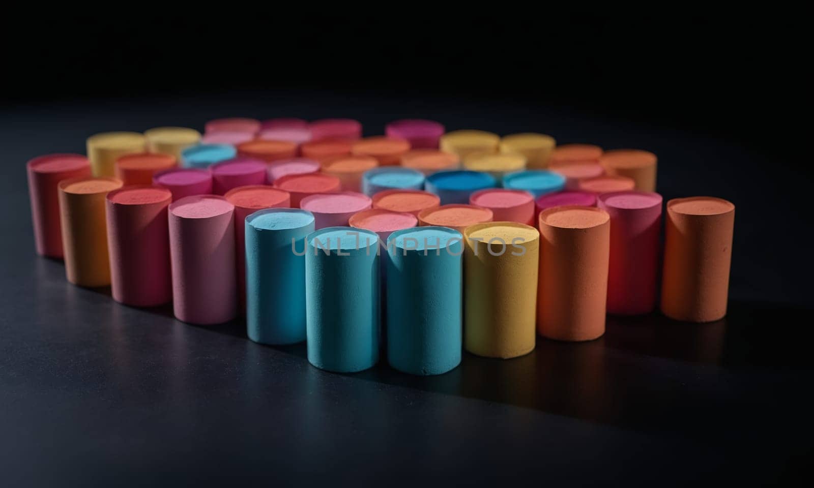 Colorful chalks in a row on black background, selective focus by Andre1ns