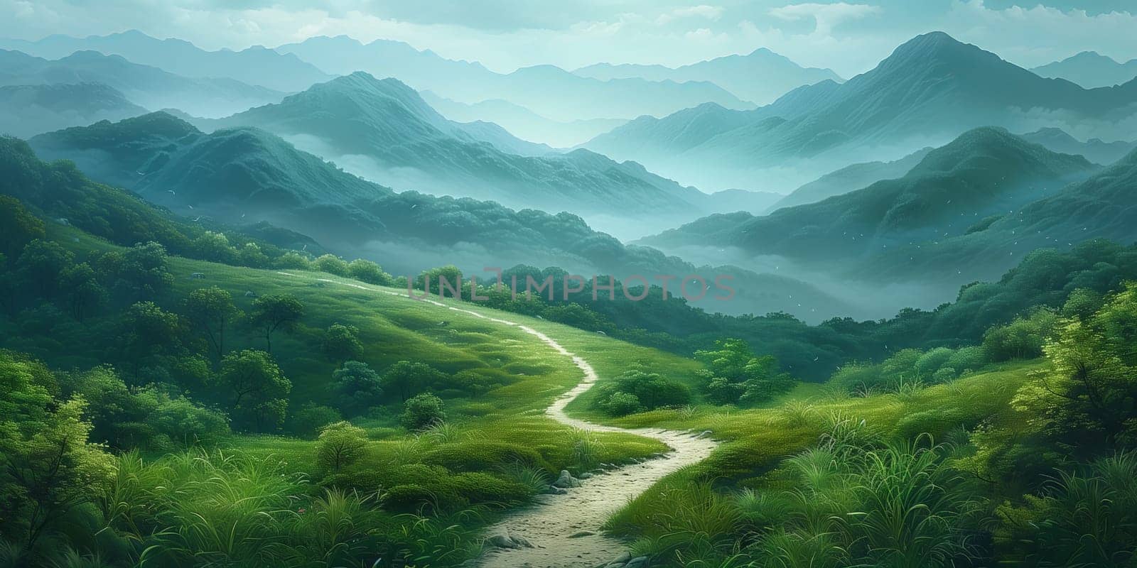 A dirt road meanders through a lush green valley under a cloudy sky, surrounded by towering mountains and dotted with various plants and trees