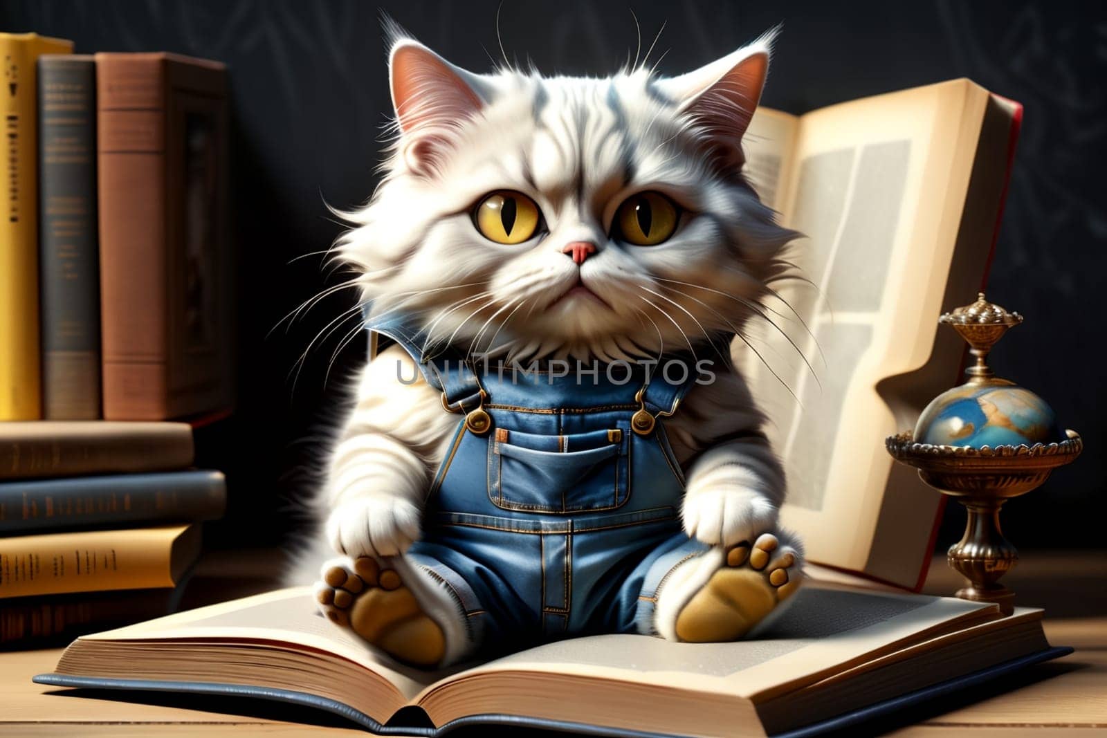 cute cat in denim overalls among books .