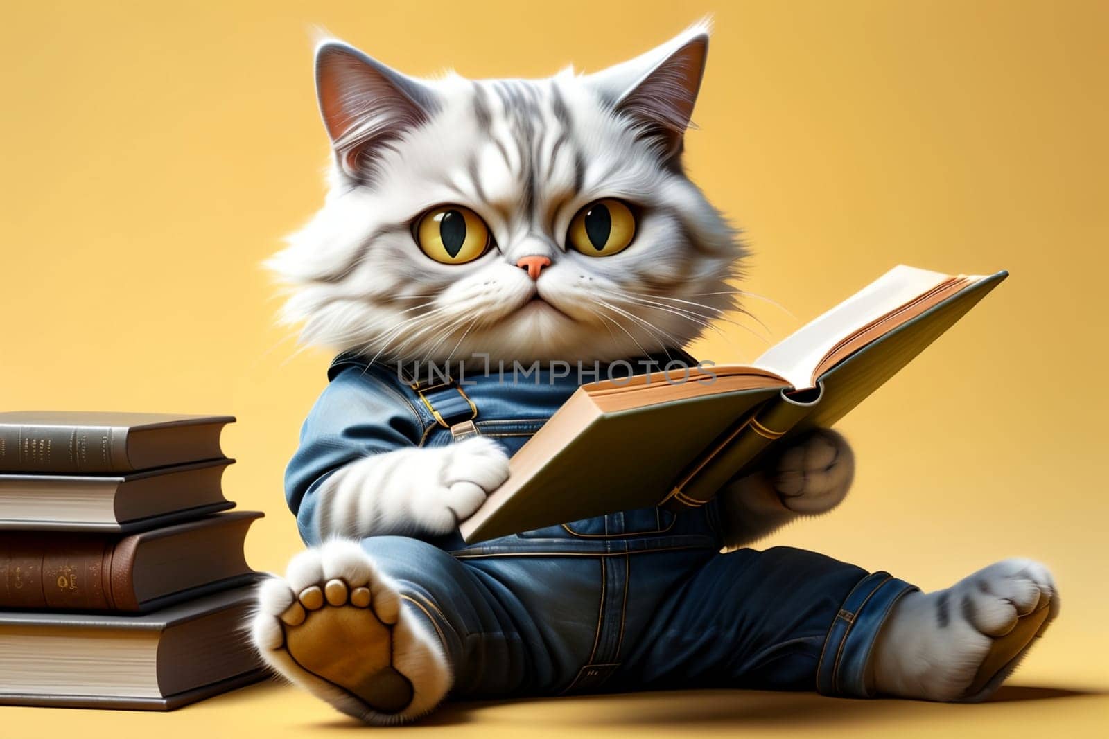 cute cat in denim overalls among books by Rawlik