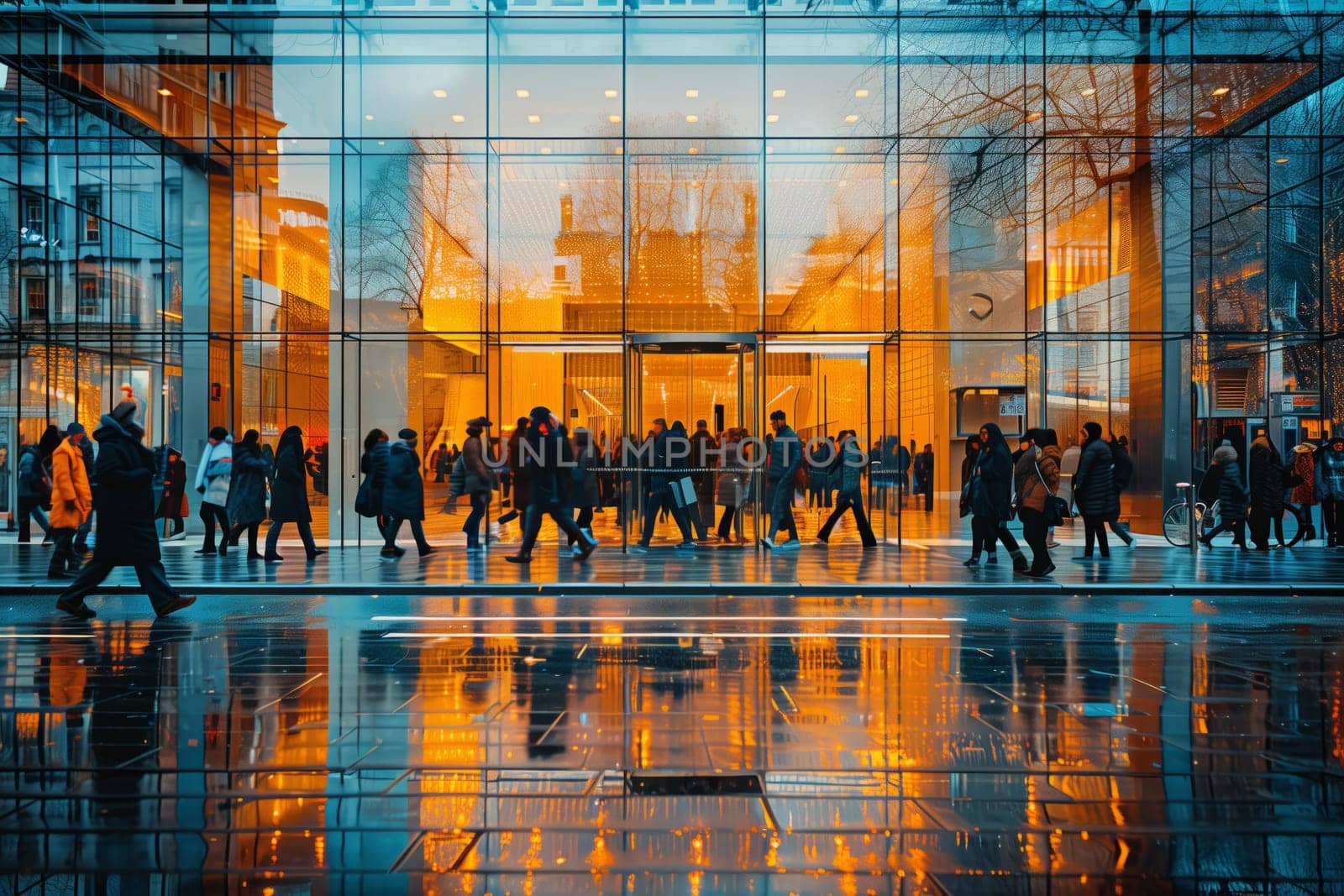 A group of people is strolling in the morning sunlight, admiring the artful symmetry of the buildings facade and the sleek flooring of the citys worldclass architecture