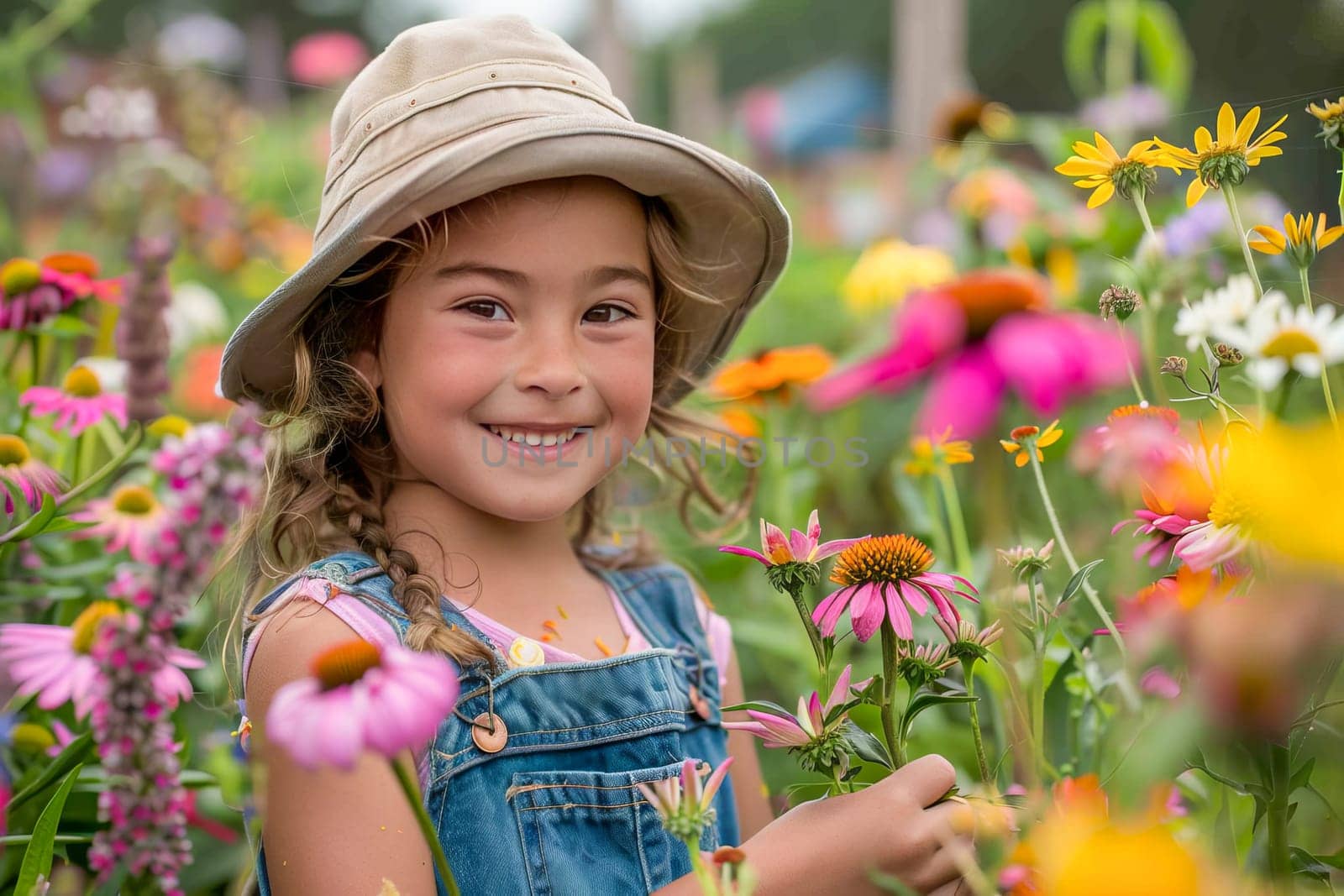 Happy girl in overalls and hat doing gardening and smiling at the camera, in a garden with many bright flowers.