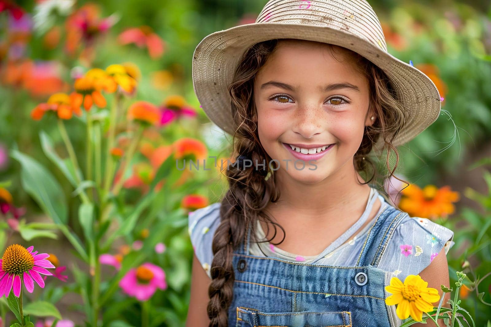 Happy girl in overalls and hat doing gardening and smiling at the camera, in a garden with many bright flowers.