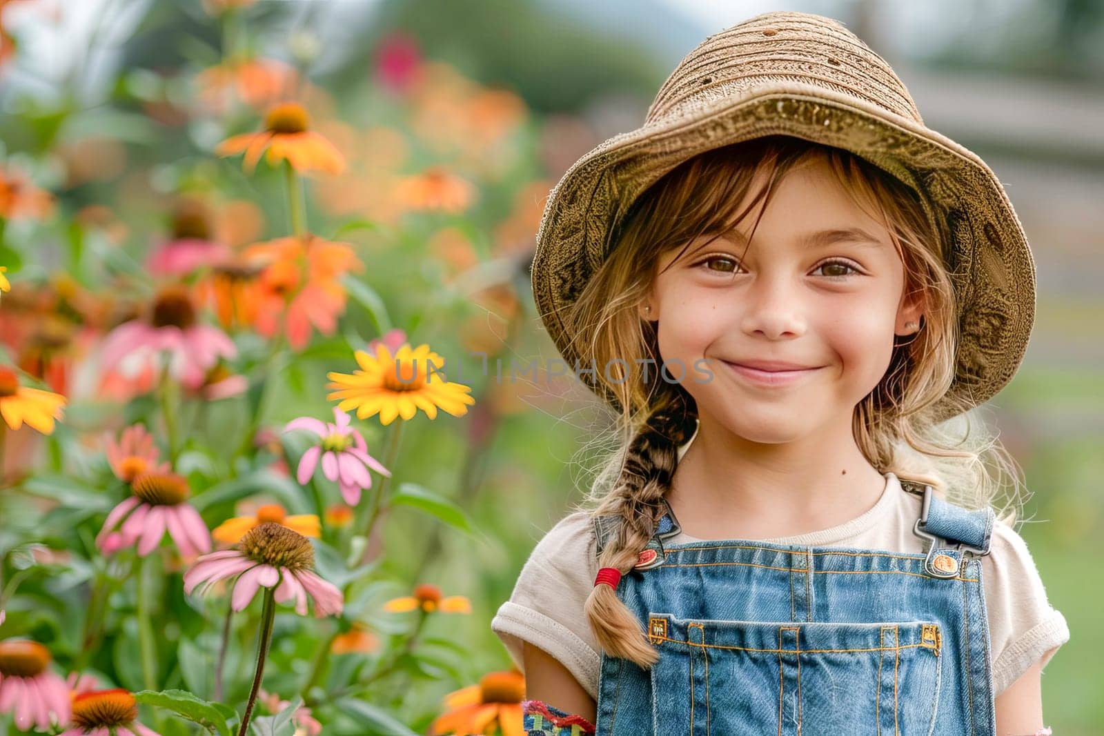 Happy girl in overalls and hat doing gardening in a garden. by OlgaGubskaya
