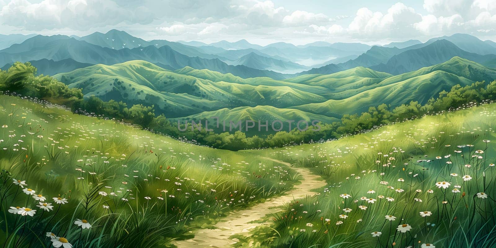 A terrestrial plantlined dirt path winds through a lush grassland with majestic mountains in the backdrop under a serene sky filled with fluffy clouds