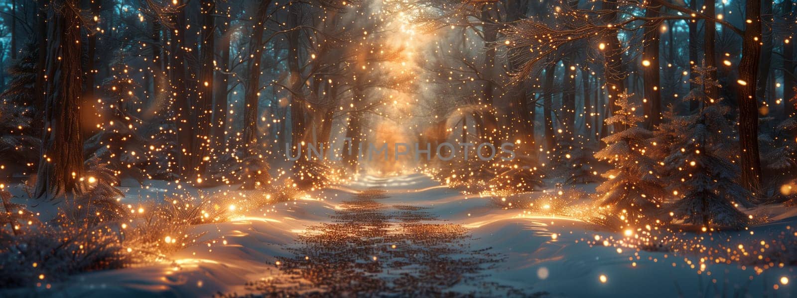 A snowy forest path illuminated by lights from the trees, creating a magical and enchanting natural landscape resembling a painting in the darkness