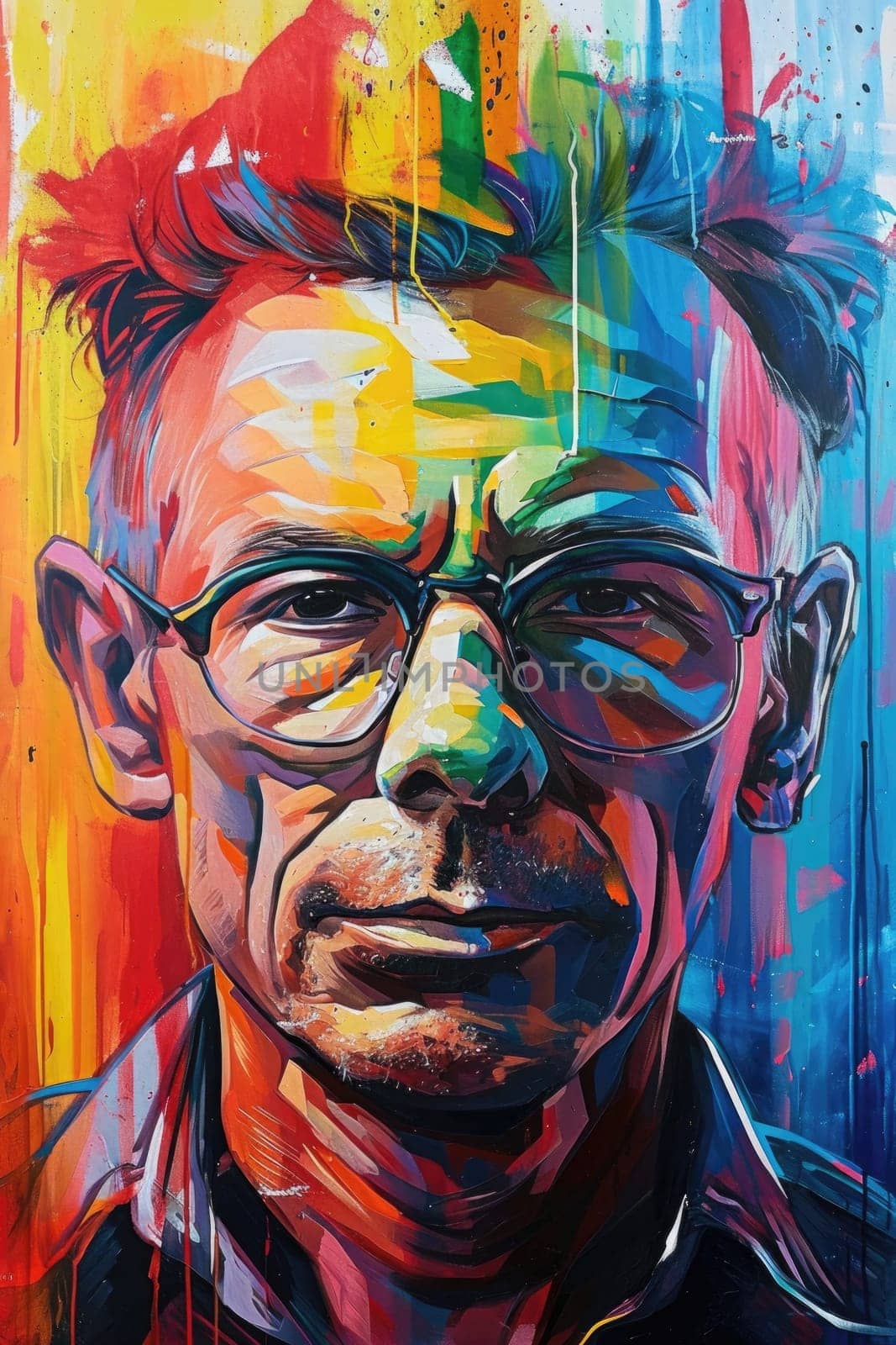 The comic colourful picture of the short hair male adult human head and has been wearing sunglasses with straight face yet picture fill with various colour that make picture fill with emotion. AIGX01.
