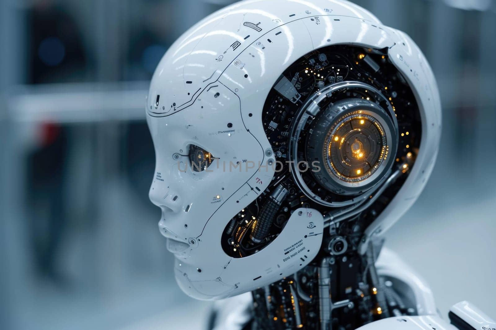 The futuristic face of a cyborg. The concept of artificial intelligence. Digital transformation.