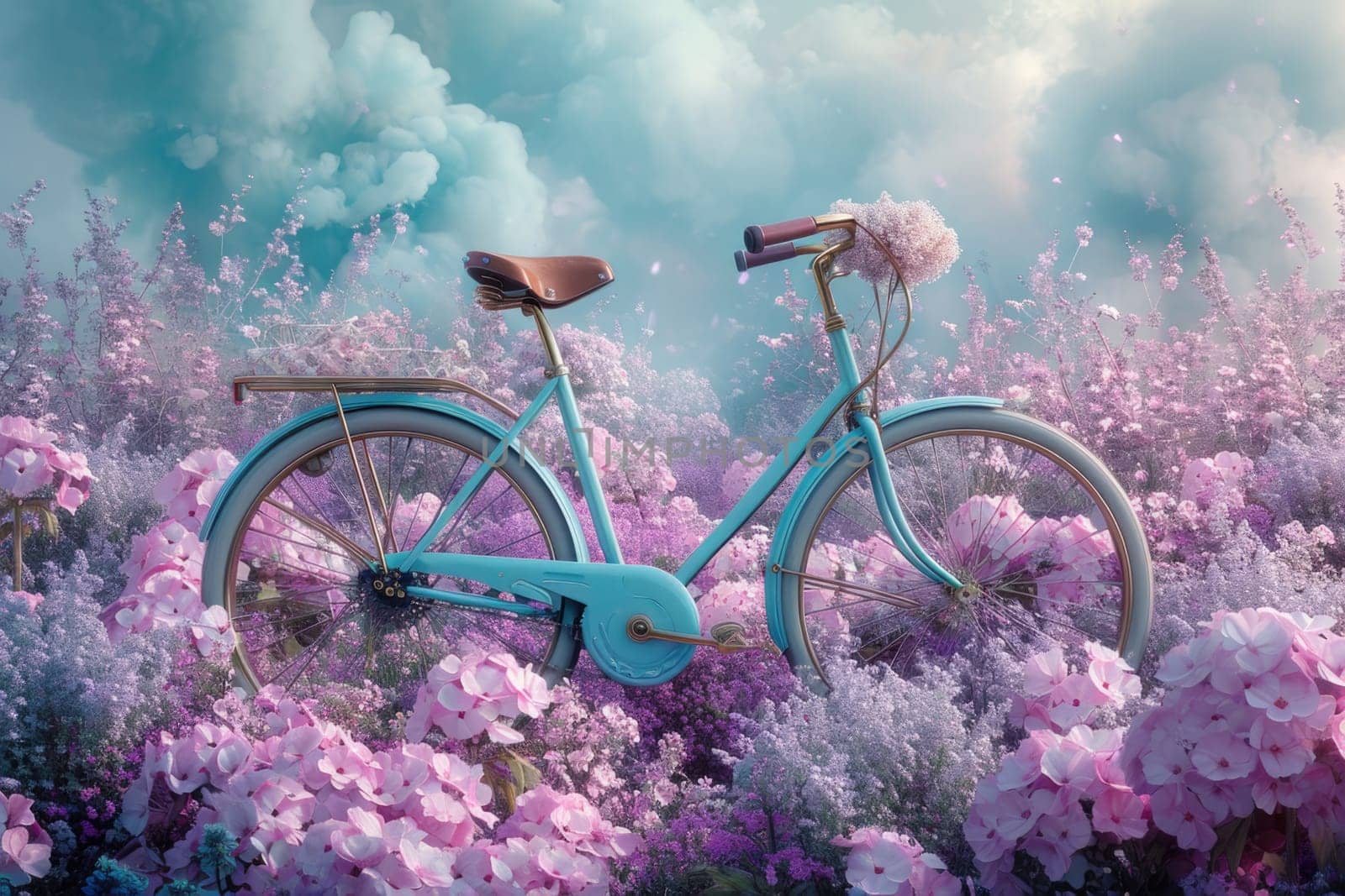 retro bike decorated with flowers on a blue background. a romantic postcard by Lobachad