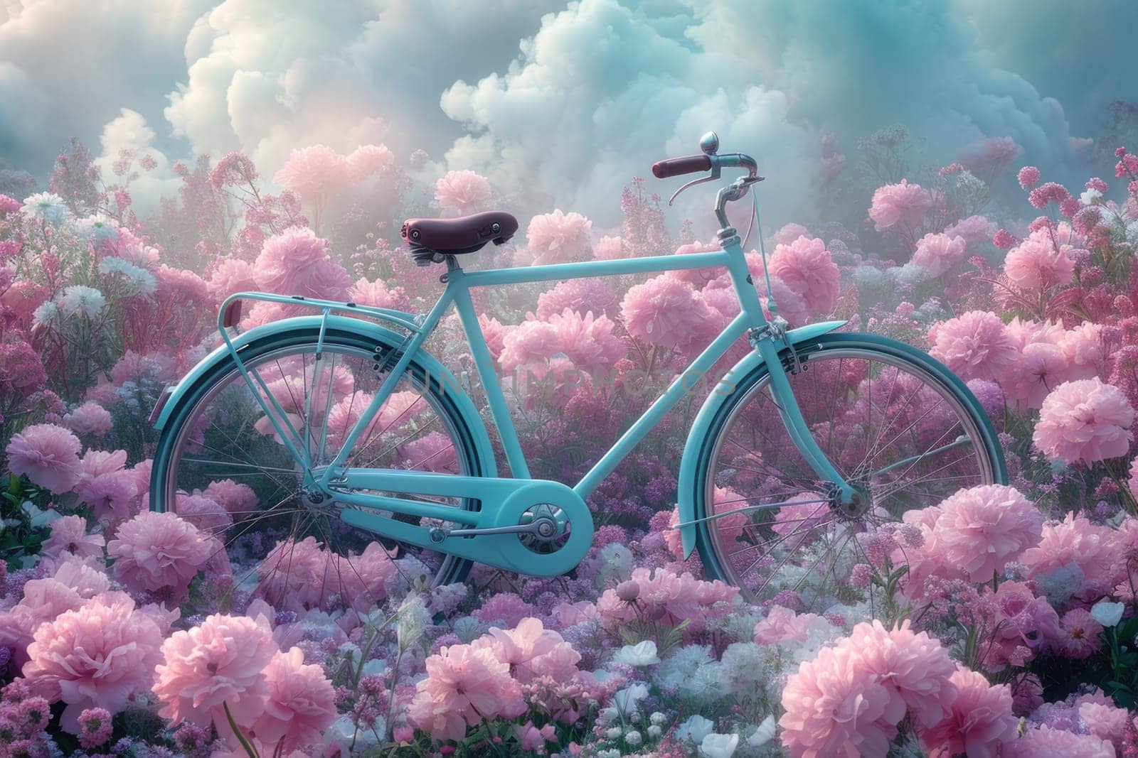 retro bike decorated with flowers on a blue background. a romantic postcard.