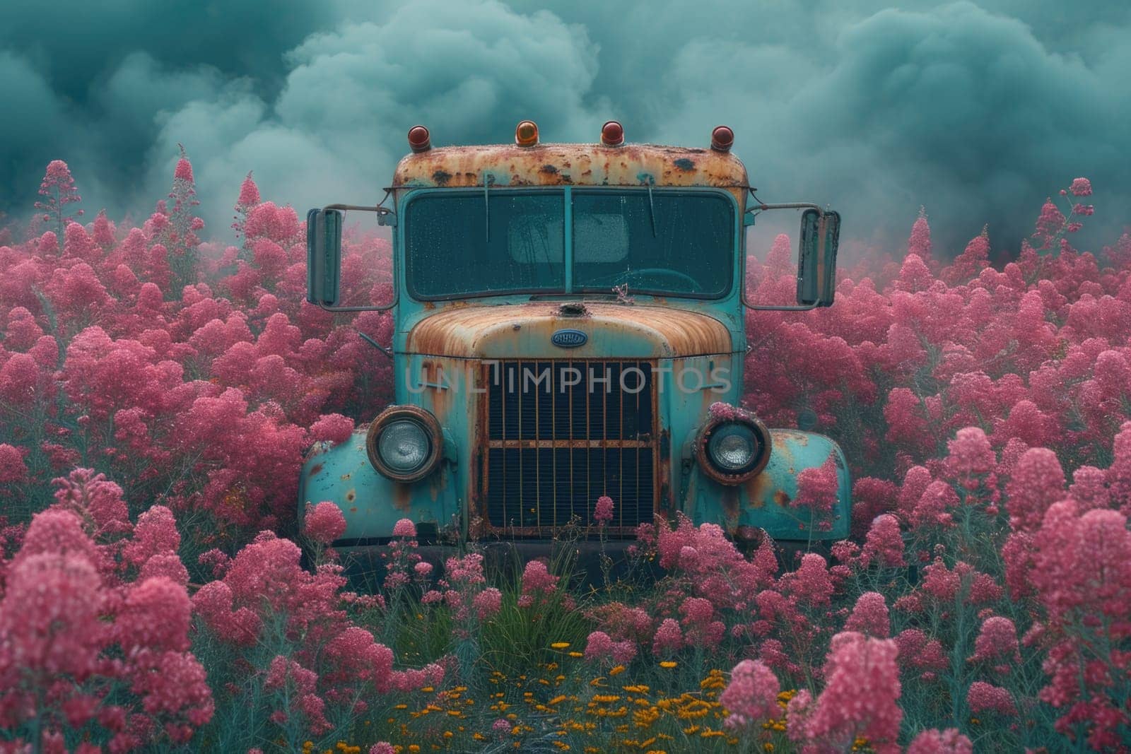 An old truck in a flower bed. Decor.