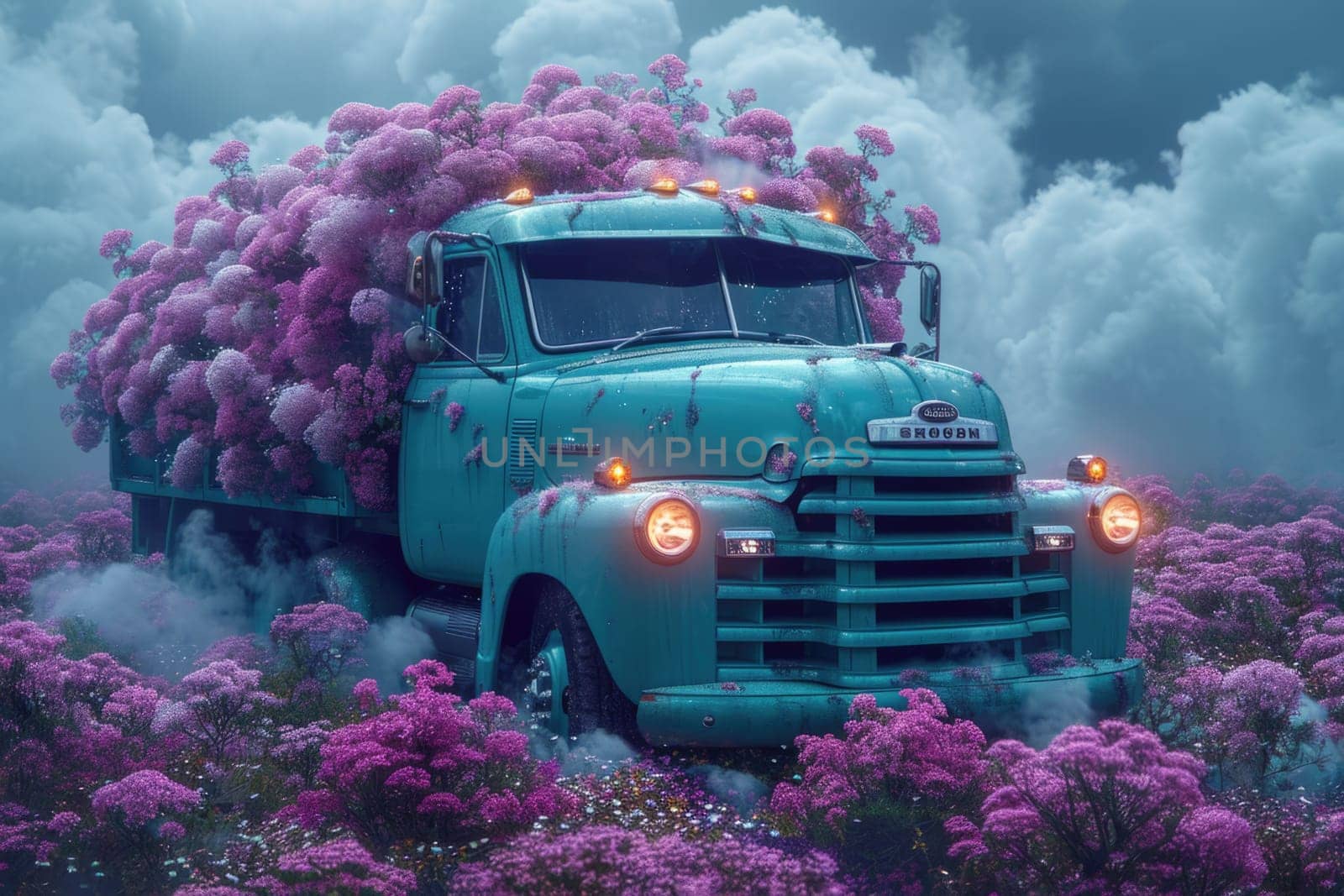 An old truck in a flower bed. Decor.