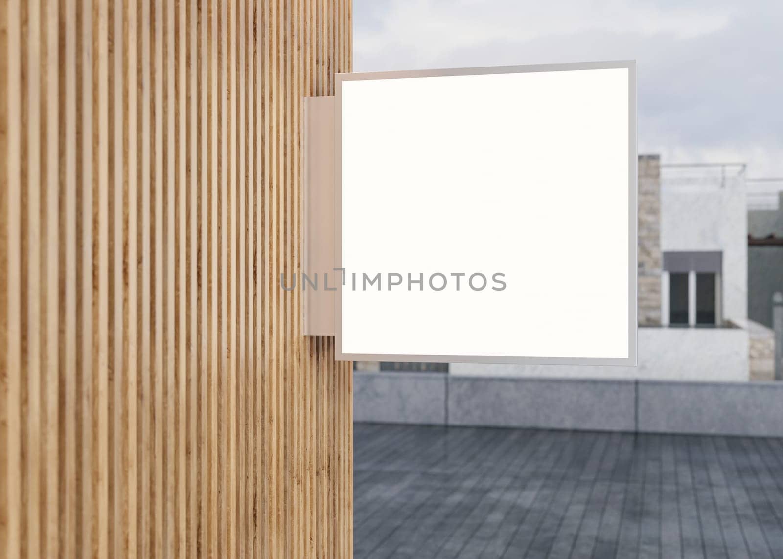 A sleek white square signboard mounted on a textured wooden wall, perfect for brand display or as a mock-up in urban settings. Shop Signboard. Illuminated lightbox on the wall. 3D