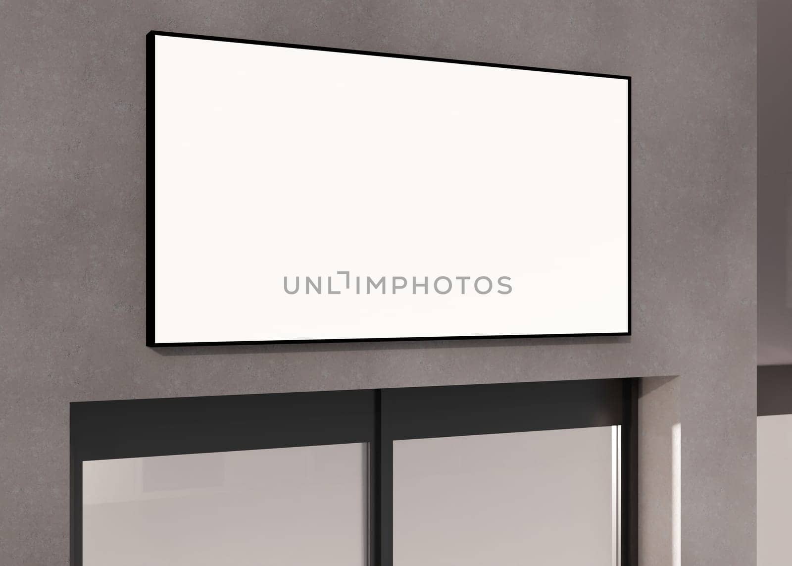A modern rectangular blank signboard on a textured grey wall above a entry, ideal for businesses to showcase logos or advertising. Shop, office, company signboard. Illuminated lightbox. 3D