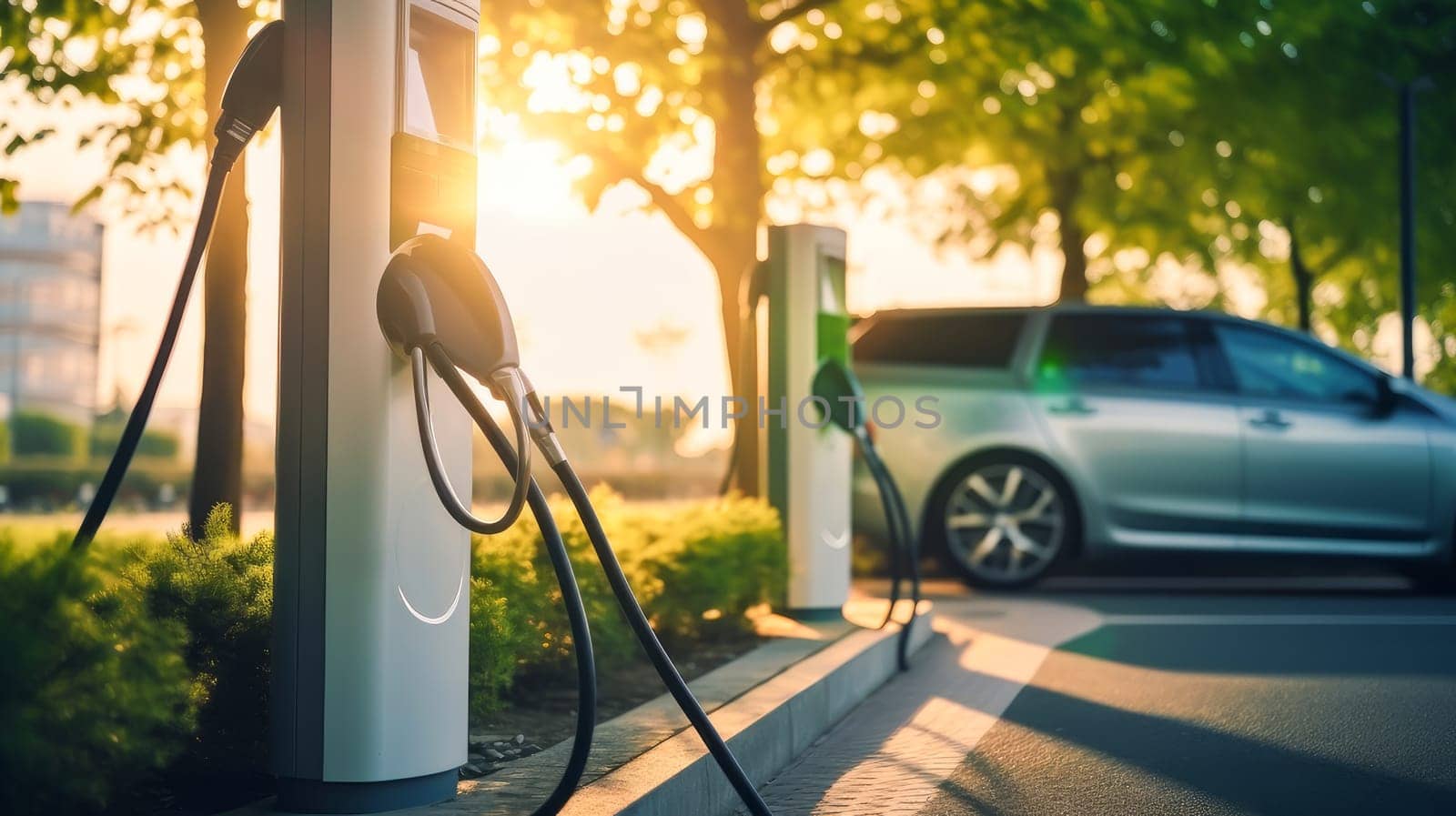 Electric cars charging at a gas station. The future of transportation with environmentally friendly vehicles. Green energy. Saving energy resources. Modern design. Electric cars. Respect for the environment and nature