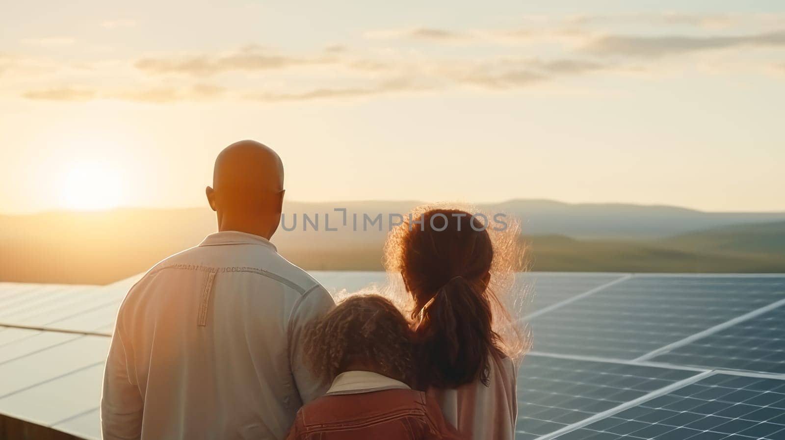 Family, children, man uses solar panel and windmill on the street. Renewable energy source energy. Green energy, energy saving, caring attitude of men and women towards the environment and nature. Clean energy demonstrating sustainable energy sources