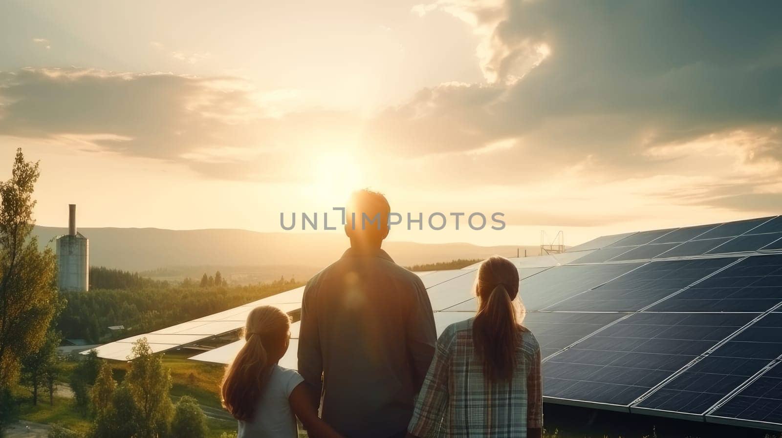 Family, children, man uses solar panel and windmill on the street. Renewable energy source energy. Green energy, energy saving, caring attitude of men and women towards the environment and nature. Clean energy demonstrating sustainable energy sources