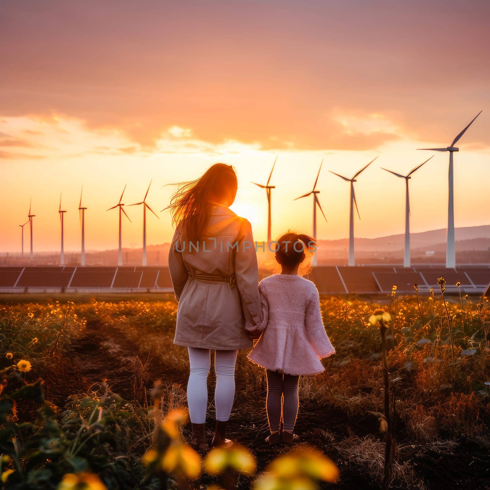 Family, children, on the background of windmills and solar panels outdoors by Alla_Yurtayeva