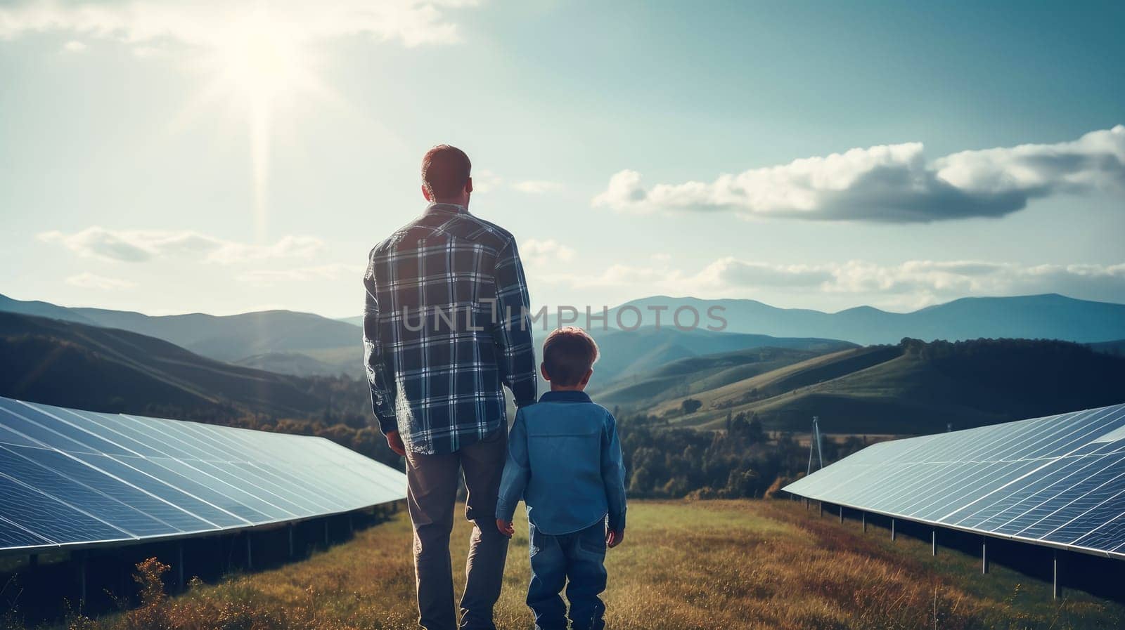 Family, children, man uses solar panel and windmill on the street. Renewable energy source energy. Green energy, energy saving, caring attitude of men and women towards the environment and nature. Clean energy demonstrating sustainable energy sources