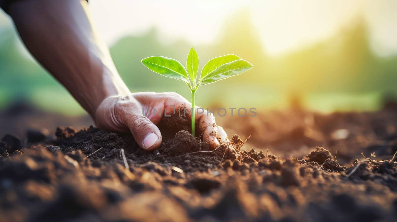 Man planting a small green plant sprout in the ground. Green energy, energy saving, caring attitude of men and women towards the environment and nature. Clean energy against