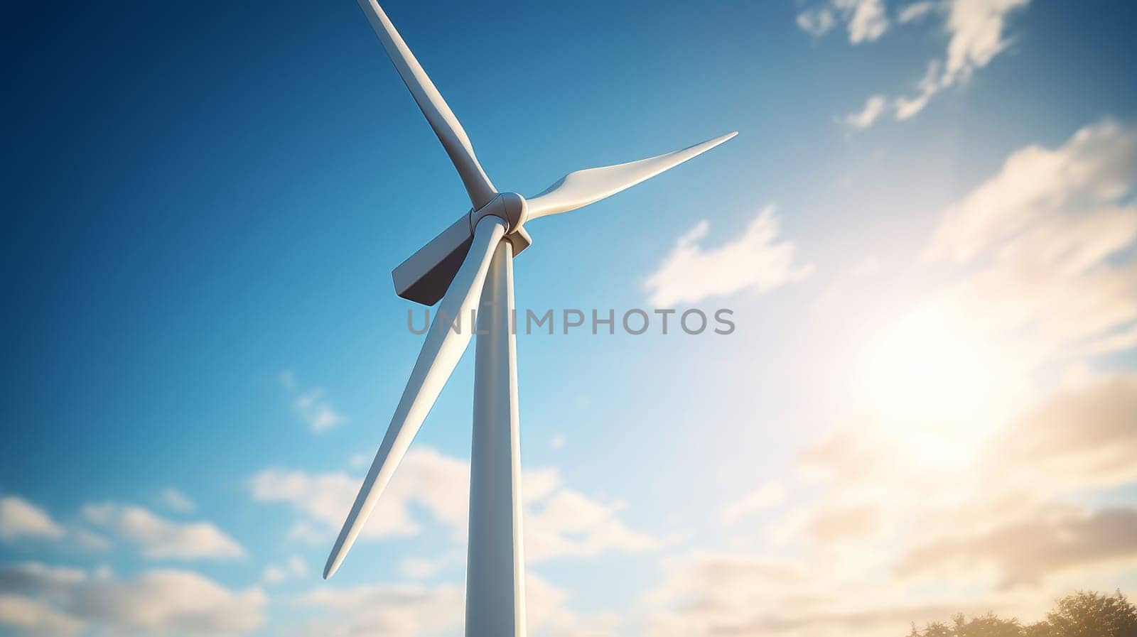 Installation and use of a windmill outdoors mountains, in flowering meadows. Renewable energy source energy. Green energy, energy saving, respect for the environment and nature. Clean energy against blue sky, demonstrating sustainable energy sources