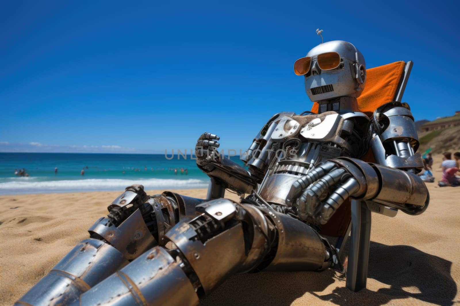 The robot is resting on a chaise longue. The robot is sunbathing on a sunny beach near the sea.