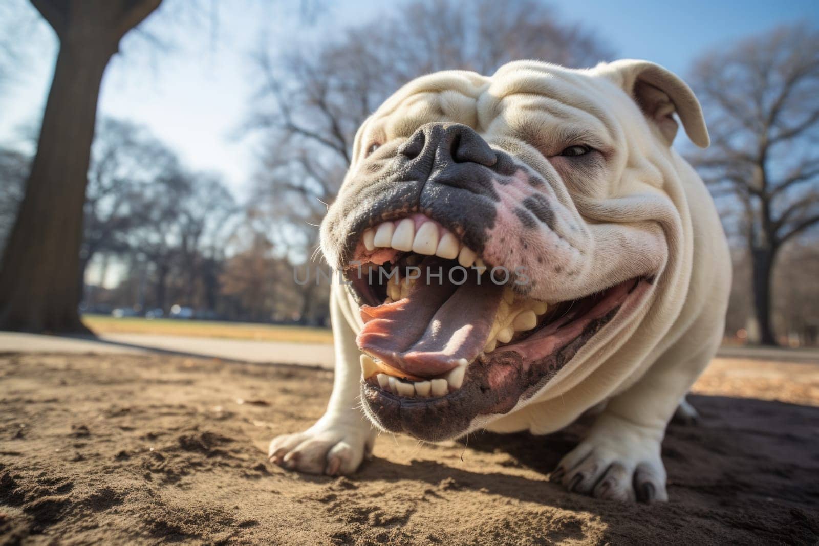 Angry bulldog with big teeth on the street.