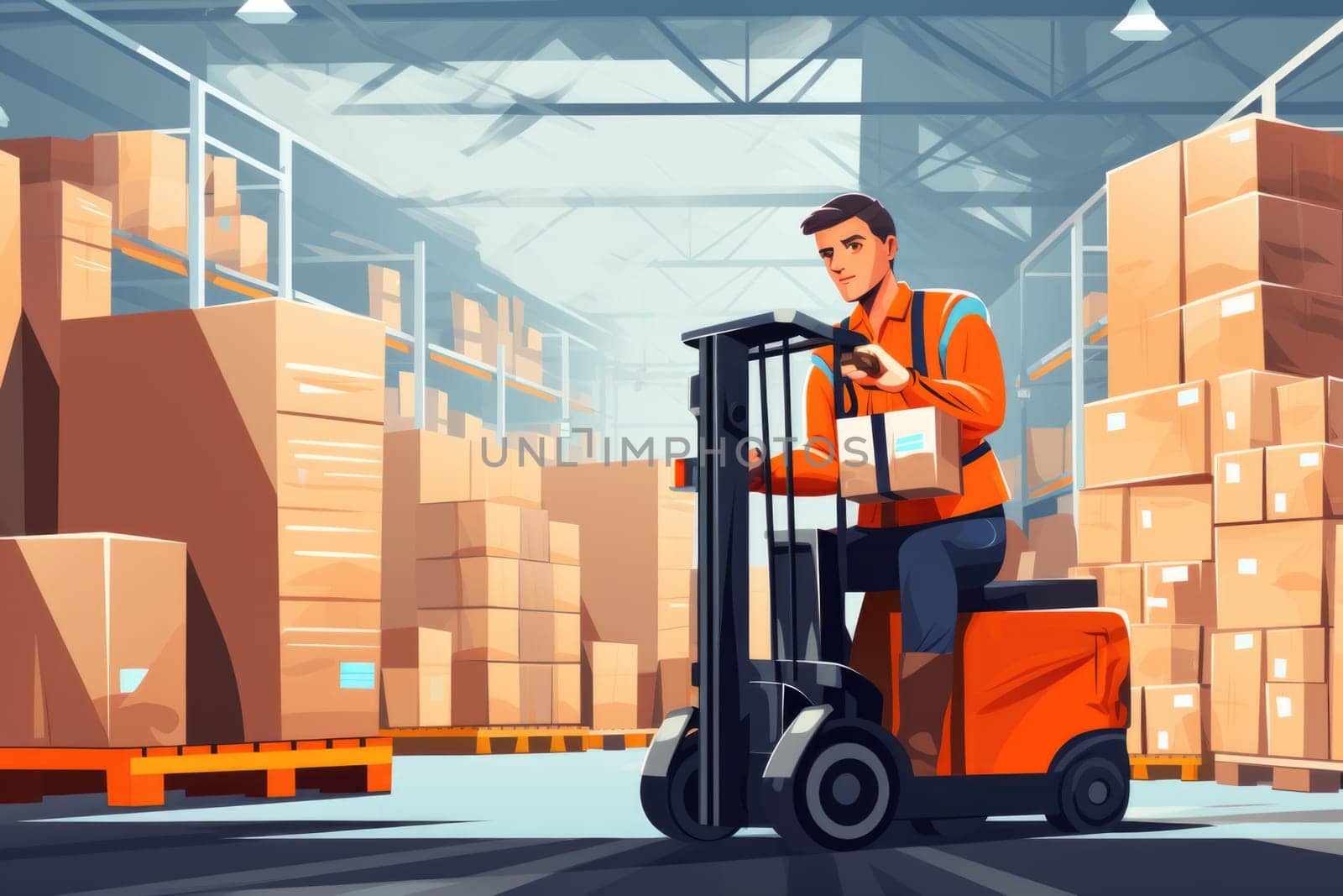 storage and transportation of goods in a warehouse, delivery and shipping equipment. Animation.