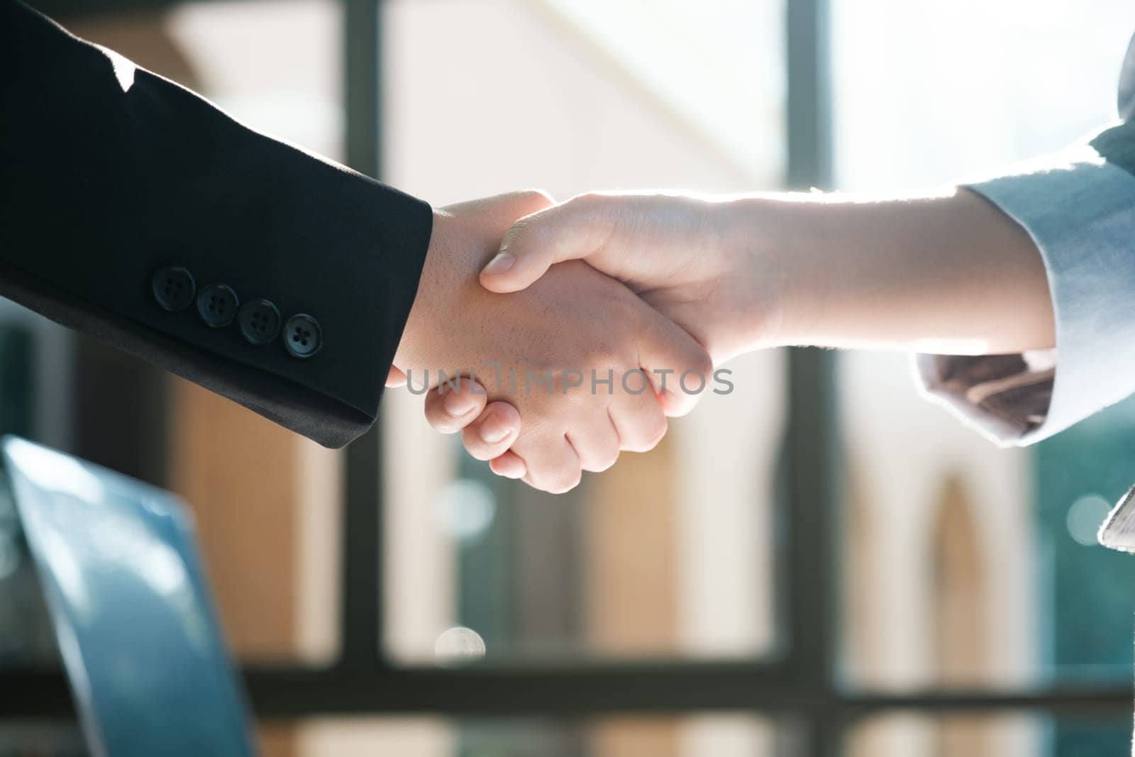 Two people shaking hands in a business setting. Scene is professional and formal. The handshake symbolizes agreement and trust between the two individuals