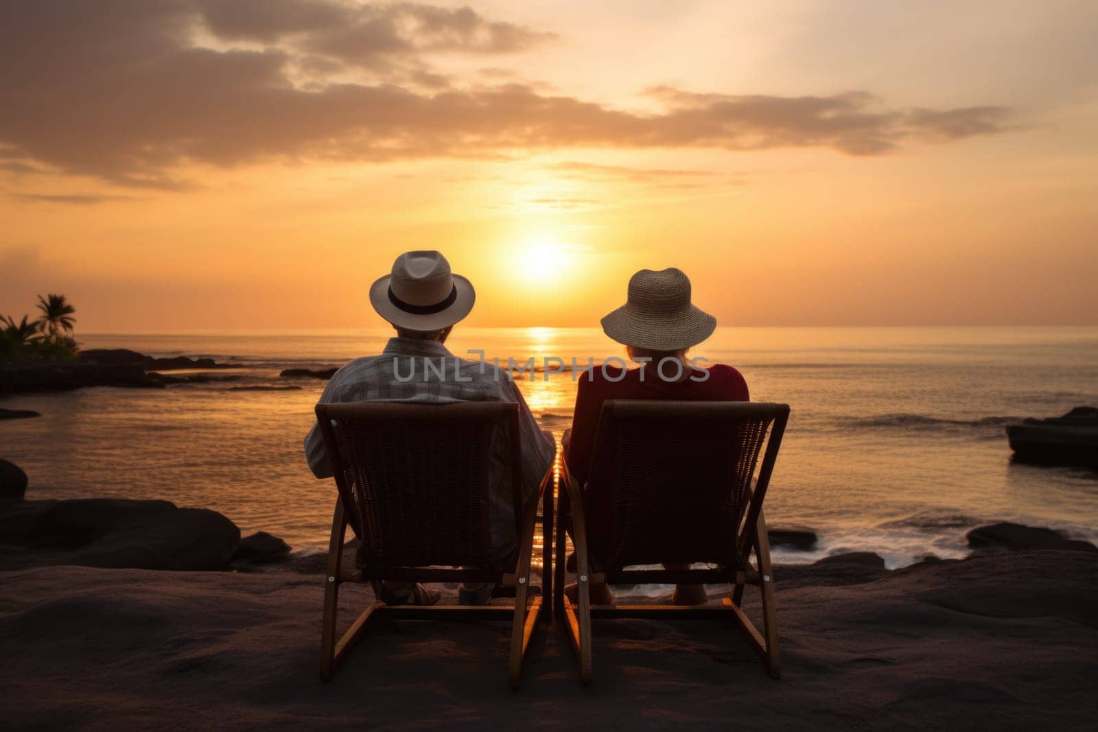 Silhouette of an elderly couple waiting for a colorful sunset sitting by the ocean by Lobachad
