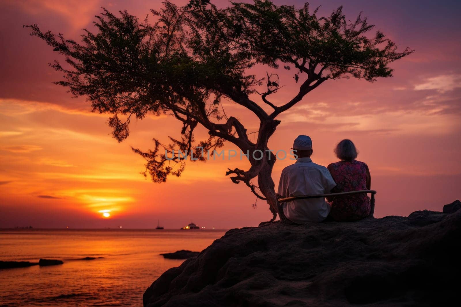 Silhouette of an elderly couple waiting for a colorful sunset sitting by the ocean.