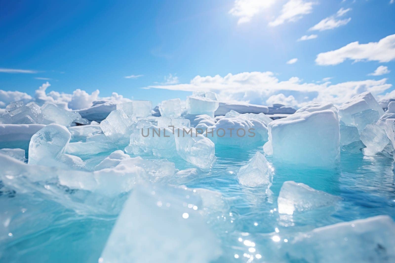 Winter natural background with fragments of blue ice and piles of fragments of ice floes on the lake on a sunny frosty day.