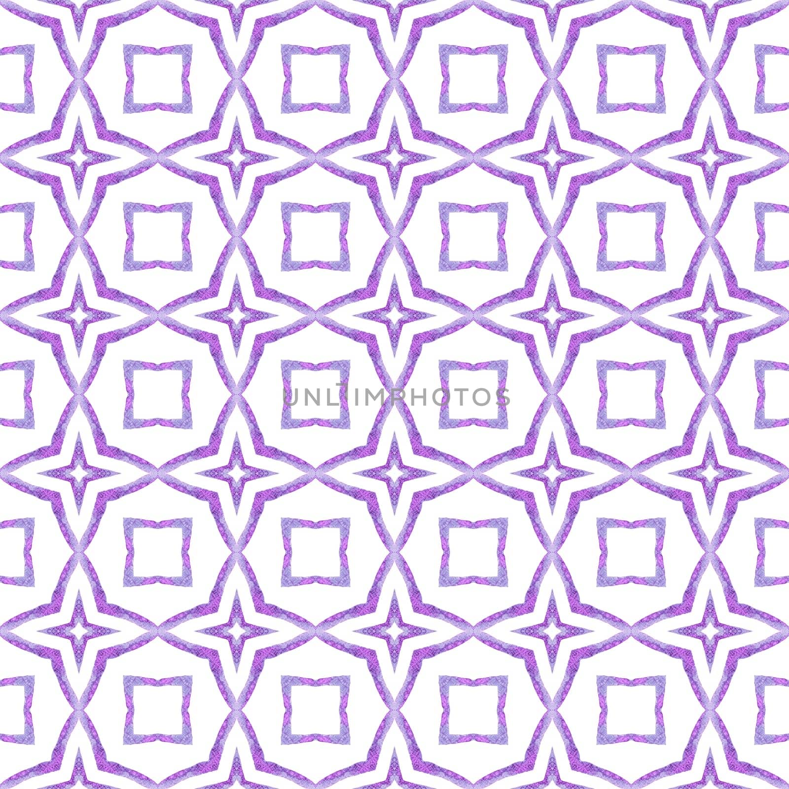 Textile ready creative print, swimwear fabric, wallpaper, wrapping. Purple stylish boho chic summer design. Ikat repeating swimwear design. Watercolor ikat repeating tile border.